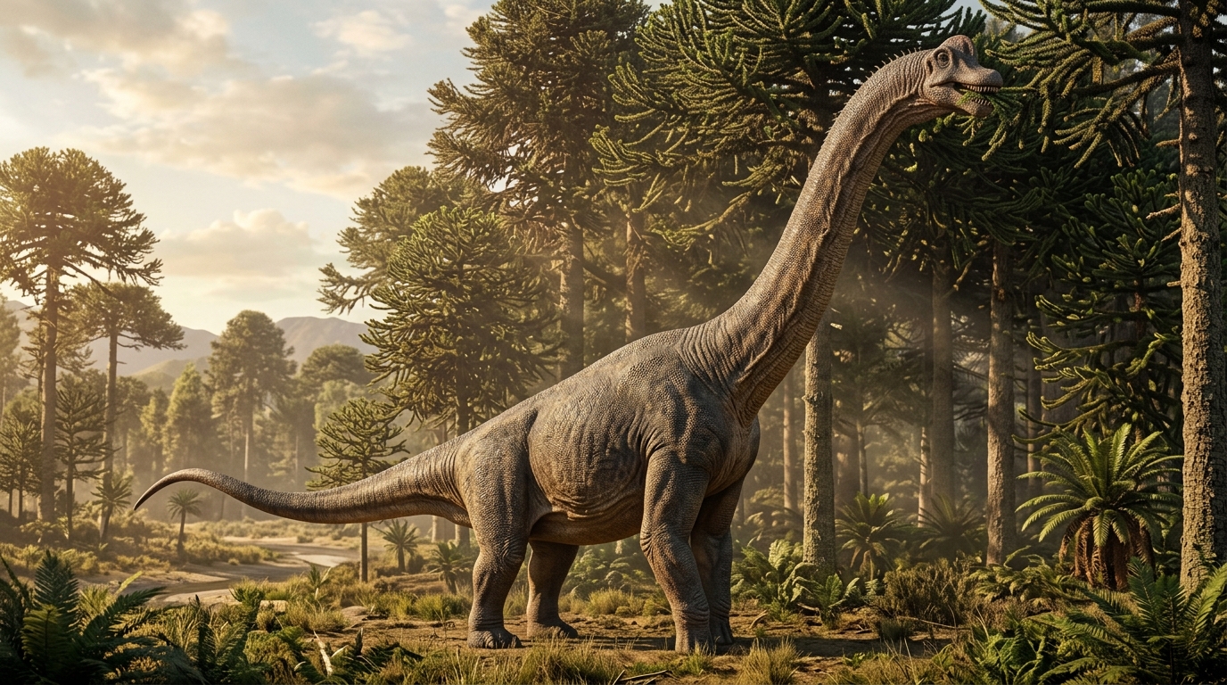 Brachiosaurus altithorax browsing the high Jurassic conifer canopy, demonstrating sauropod skeletal mass and columnar posture