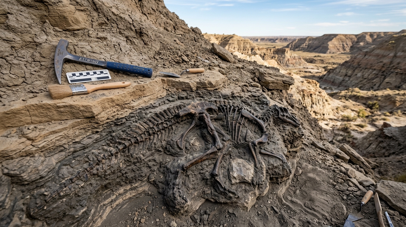 Articulated dinosaur fossil skeleton partially embedded in riverbed sandstone strata with geological field tools
