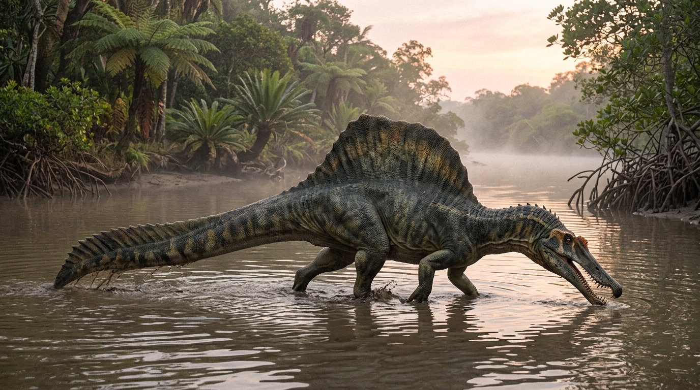 Spinosaurus aegyptiacus wading in Kem Kem delta waters displaying conical unserrated teeth and crocodilian snout